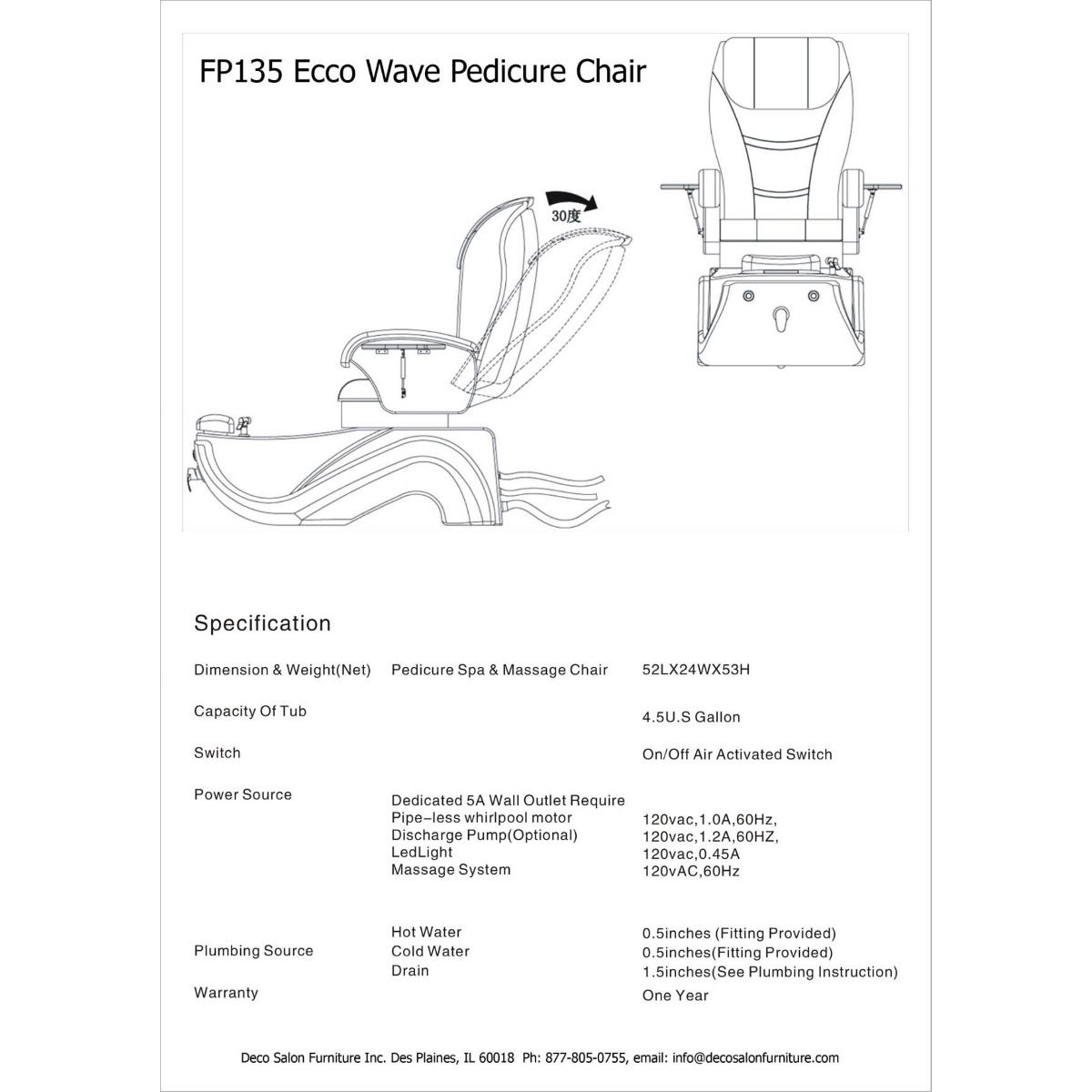 Deco Wave Pedicure Spa Chair- Black
