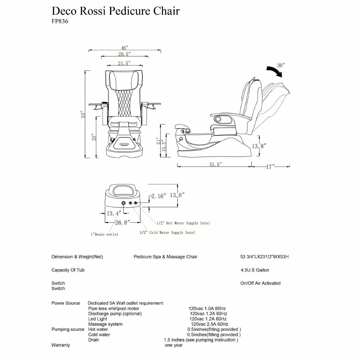 Deco Rossi Pedicure Spa Chair - White (clearance)