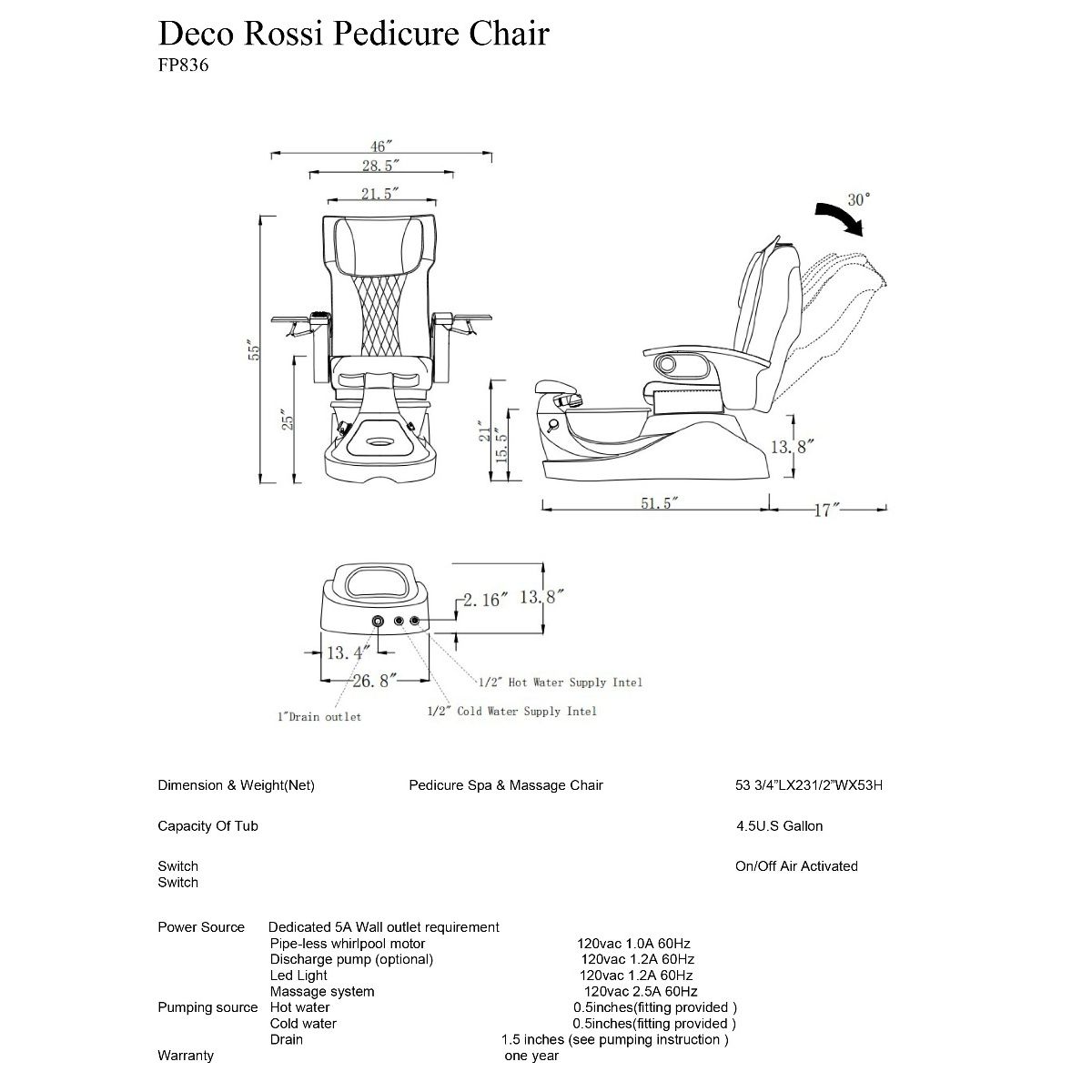 Deco Rossi 814 Pedicure Spa Chair - White (clearance)
