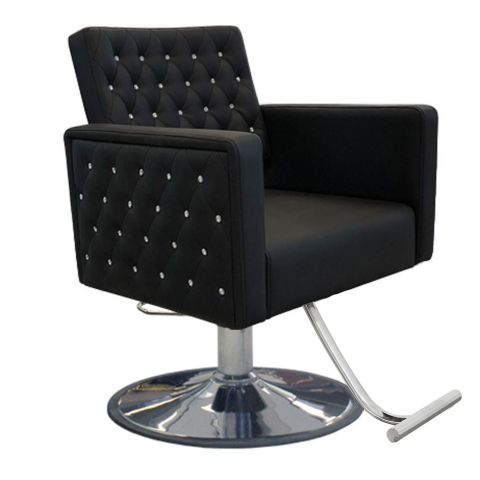Professional salon styling chair featuring black leather upholstery and adjustable height for maximum comfort and versatility.