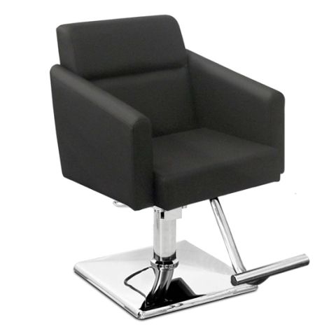 Black styling chair with hydraulic pump with sloping armrest and t footrests, can rotate 360 degrees, front angle view